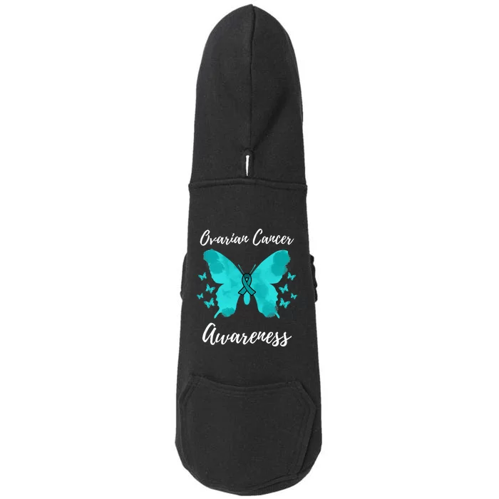 Teal Ribbon Ovarian Cancer Awareness Doggie 3-End Fleece Hoodie