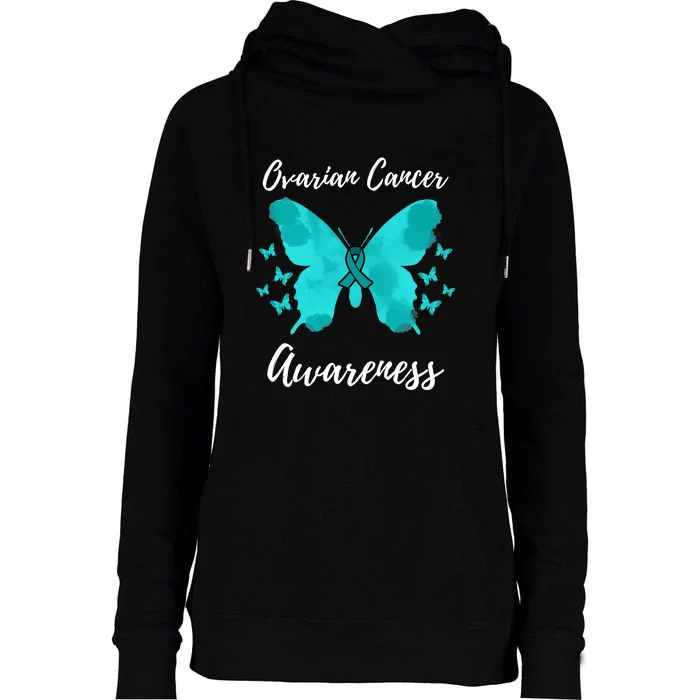 Teal Ribbon Ovarian Cancer Awareness Womens Funnel Neck Pullover Hood