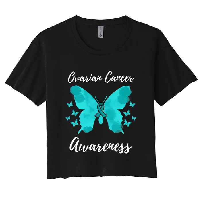 Teal Ribbon Ovarian Cancer Awareness Women's Crop Top Tee