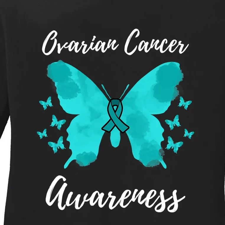 Teal Ribbon Ovarian Cancer Awareness Ladies Long Sleeve Shirt