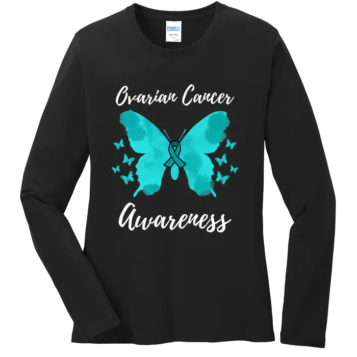 Teal Ribbon Ovarian Cancer Awareness Ladies Long Sleeve Shirt