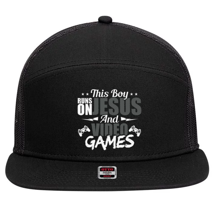 This Runs On Jesus And Video Games Lover Gift Player 7 Panel Mesh Trucker Snapback Hat