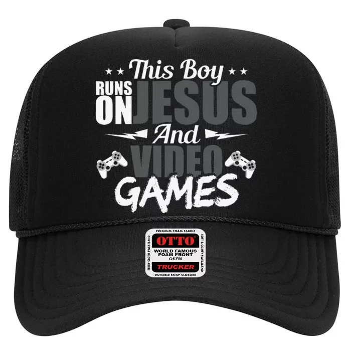 This Runs On Jesus And Video Games Lover Gift Player High Crown Mesh Trucker Hat