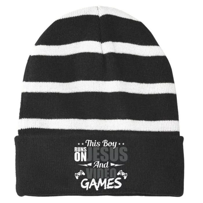 This Runs On Jesus And Video Games Lover Gift Player Striped Beanie with Solid Band