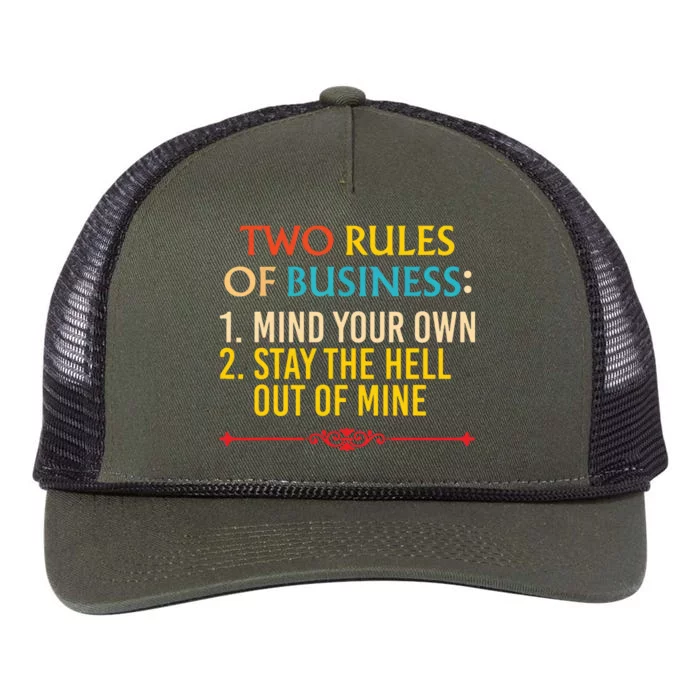 Two Rules Of Business 1 Mind Your Own 2 Stay The Hell Out Retro Rope Trucker Hat Cap