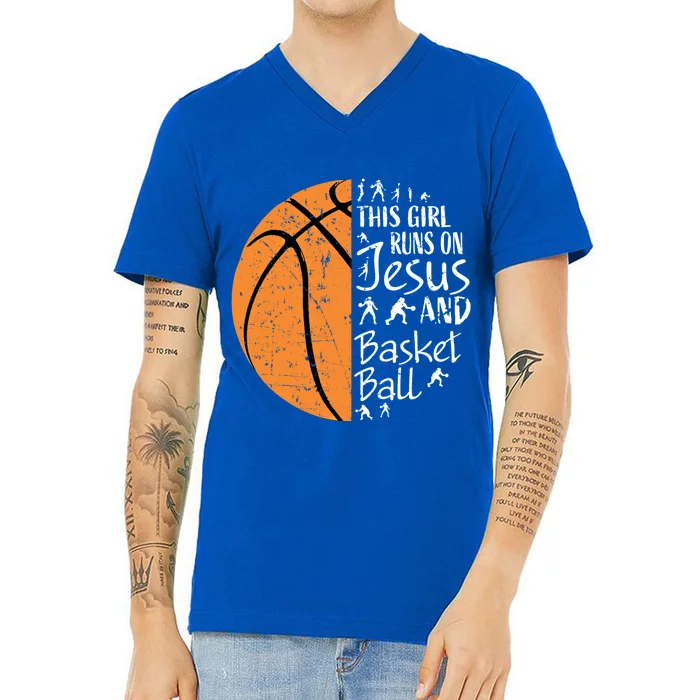 This Runs On Jesus And Basketball Funny Gift Christian Teen Gift V-Neck T-Shirt