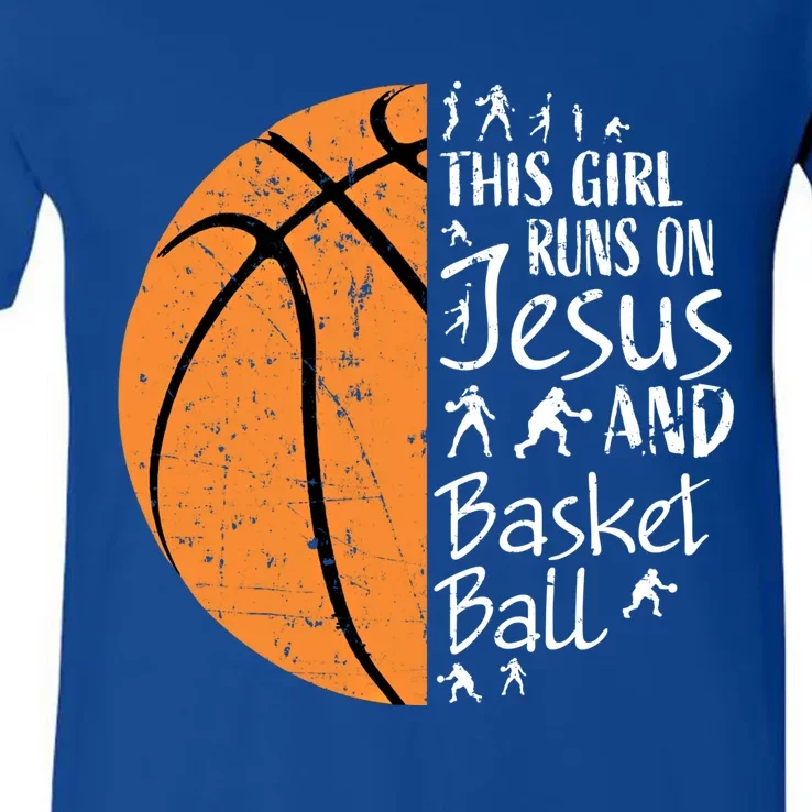 This Runs On Jesus And Basketball Funny Gift Christian Teen Gift V-Neck T-Shirt