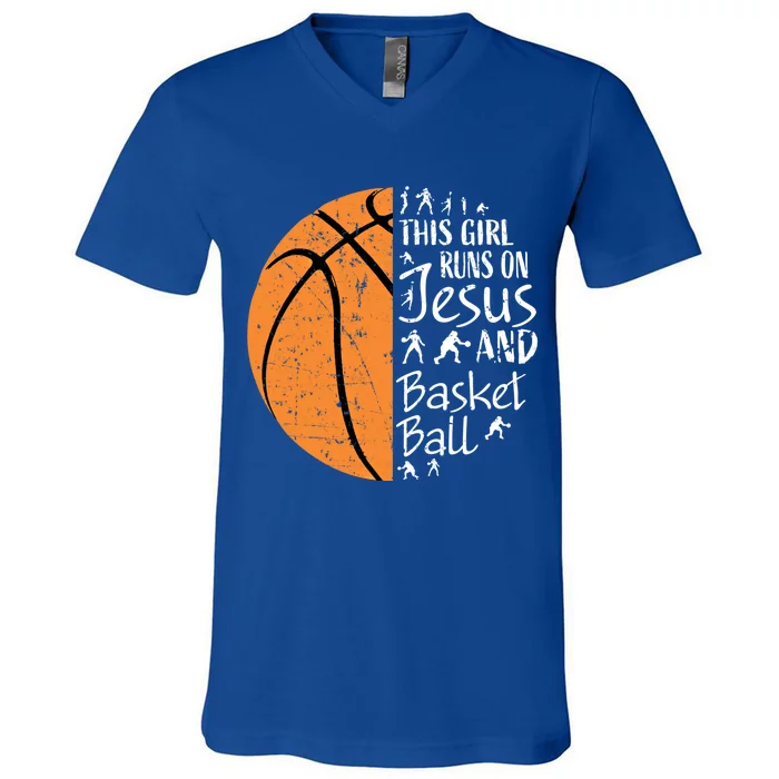 This Runs On Jesus And Basketball Funny Gift Christian Teen Gift V-Neck T-Shirt