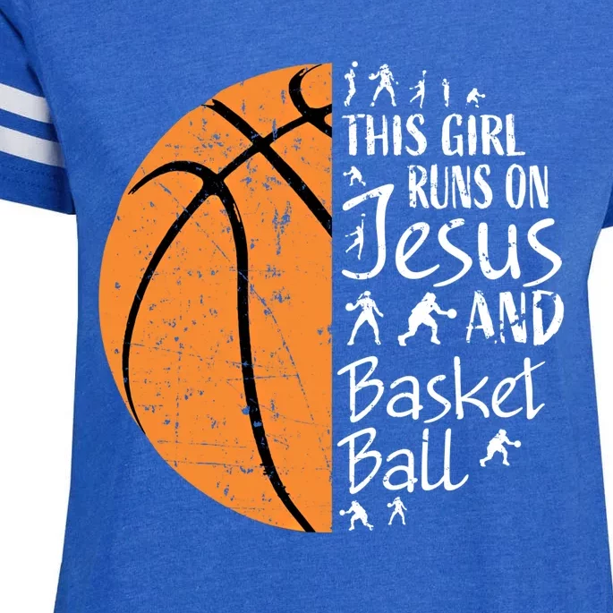 This Runs On Jesus And Basketball Funny Gift Christian Teen Gift Enza Ladies Jersey Football T-Shirt