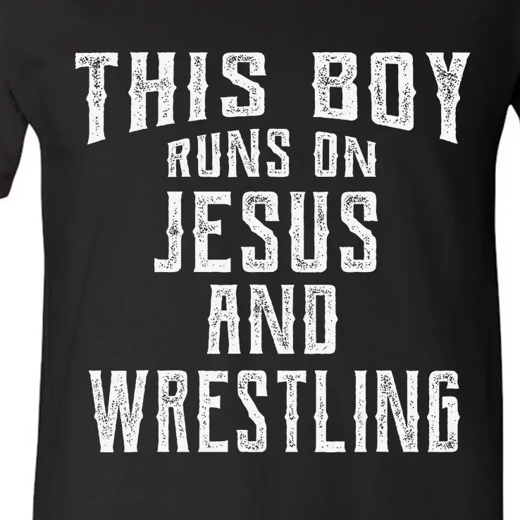 This Runs On Jesus And Wrestling Christian Gift V-Neck T-Shirt