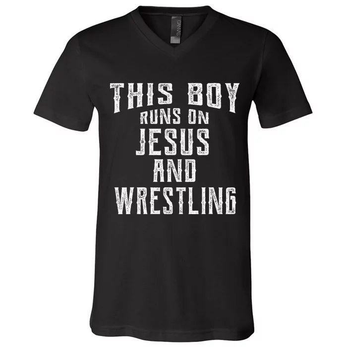 This Runs On Jesus And Wrestling Christian Gift V-Neck T-Shirt