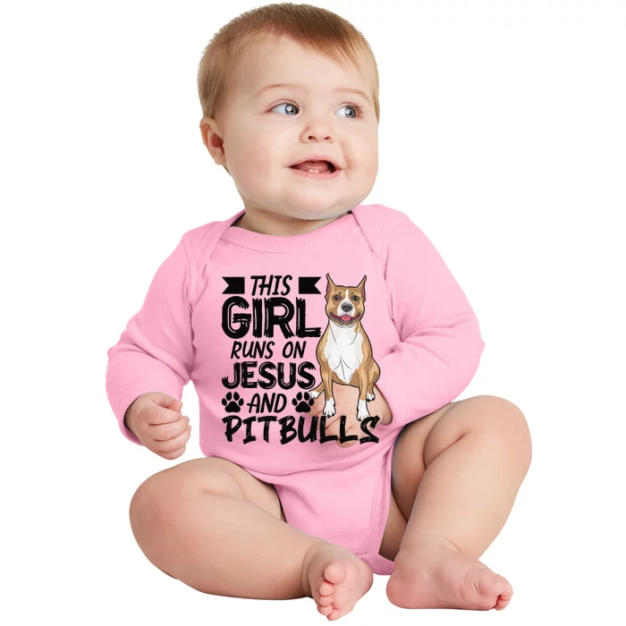 This Runs On Jesus And Pitbulls Christians Gift Baby Long Sleeve Bodysuit