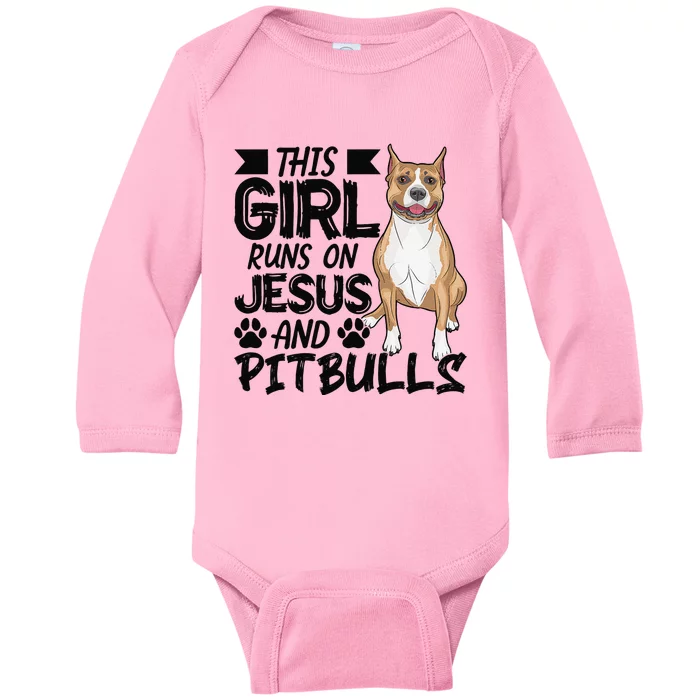 This Runs On Jesus And Pitbulls Christians Gift Baby Long Sleeve Bodysuit