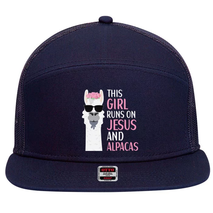 This Runs On Jesus And Alpacas LLama Apparel 7 Panel Mesh Trucker Snapback Hat