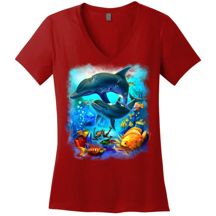 Tropical Fish Dolphins Portrait Women's V-Neck T-Shirt