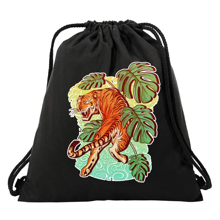 Tropical Tiger Tattoo Design Drawstring Bag