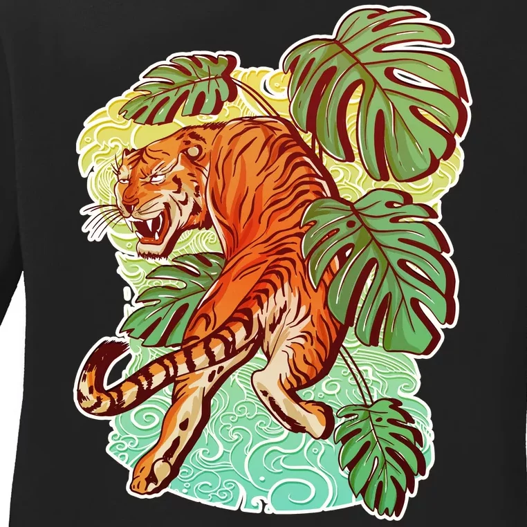 Tropical Tiger Tattoo Design Ladies Long Sleeve Shirt