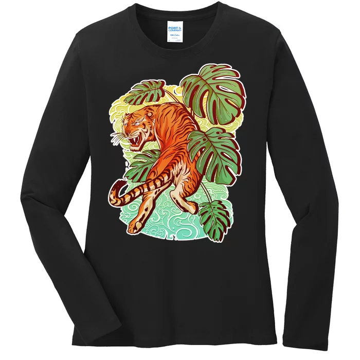 Tropical Tiger Tattoo Design Ladies Long Sleeve Shirt