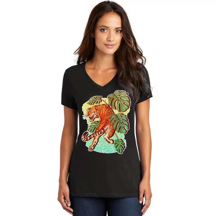 Tropical Tiger Tattoo Design Women's V-Neck T-Shirt