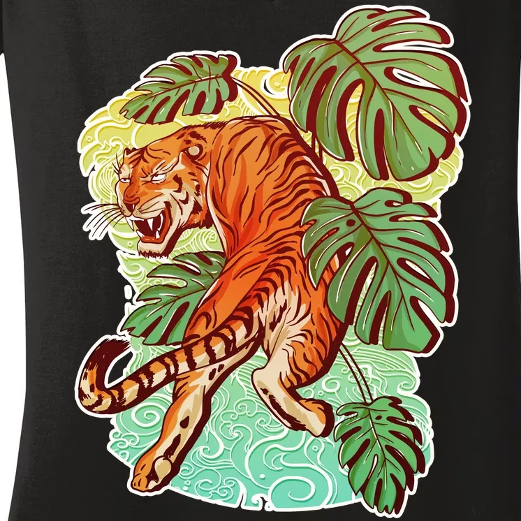 Tropical Tiger Tattoo Design Women's V-Neck T-Shirt