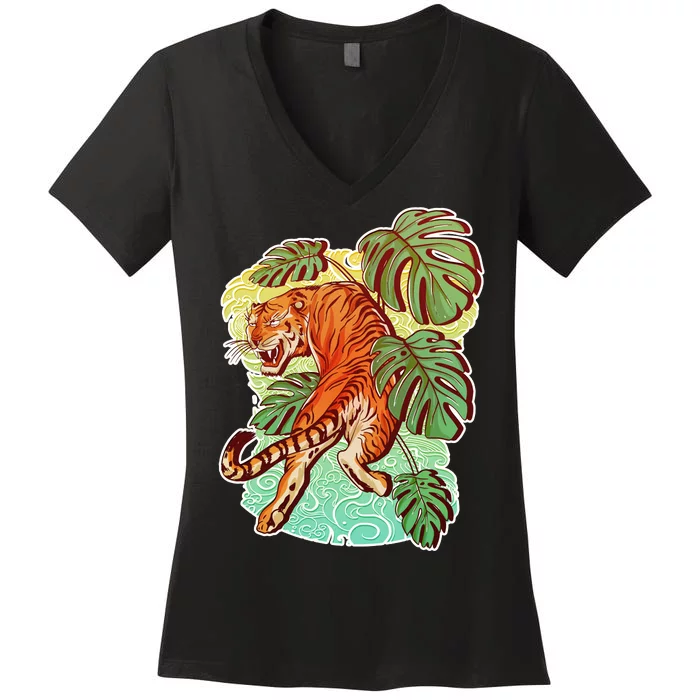 Tropical Tiger Tattoo Design Women's V-Neck T-Shirt