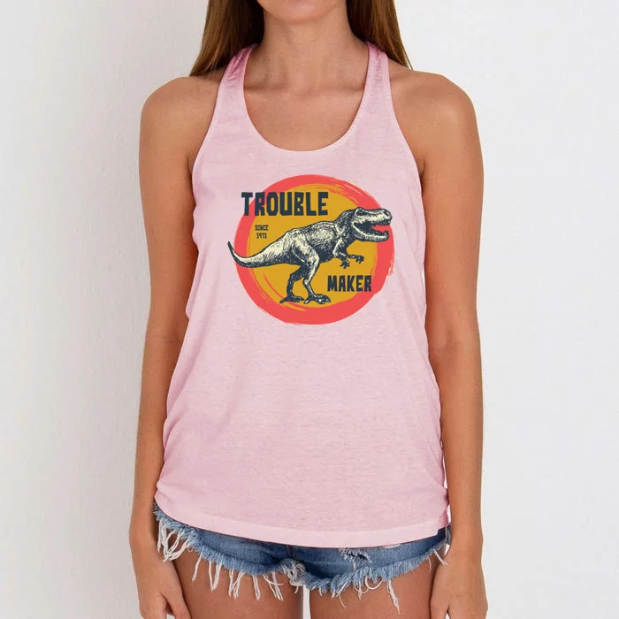 Trouble Maker T-Rex Since 1971 Women's Knotted Racerback Tank