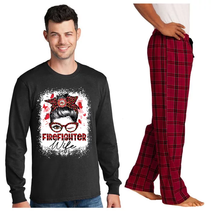 The Red Proud Firefighter Fireman Wife Messy Bun Hair Long Sleeve Pajama Set