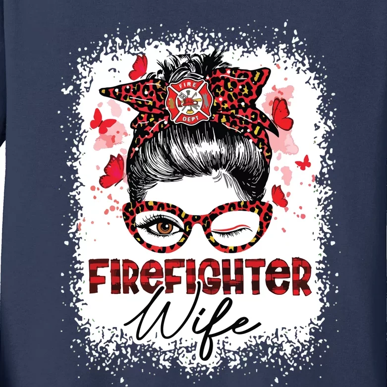 The Red Proud Firefighter Fireman Wife Messy Bun Hair Kids Long Sleeve Shirt