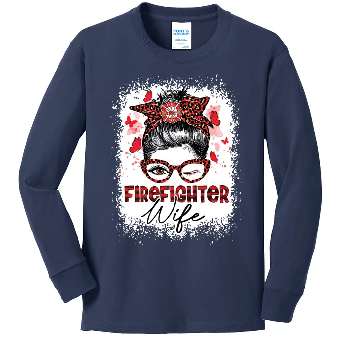 The Red Proud Firefighter Fireman Wife Messy Bun Hair Kids Long Sleeve Shirt