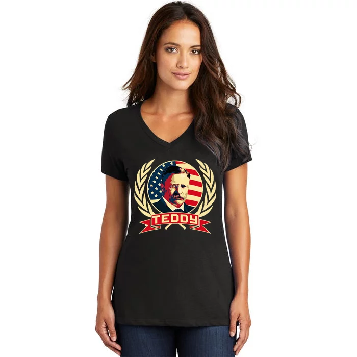 Theodore Roosevelt. President Teddy. American Stars. Women's V-Neck T-Shirt