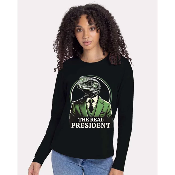 The Real President Political Humor Lizard People Womens Cotton Relaxed Long Sleeve T-Shirt