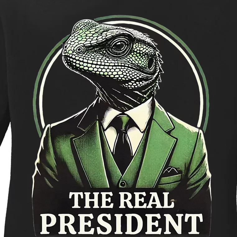 The Real President Political Humor Lizard People Ladies Long Sleeve Shirt