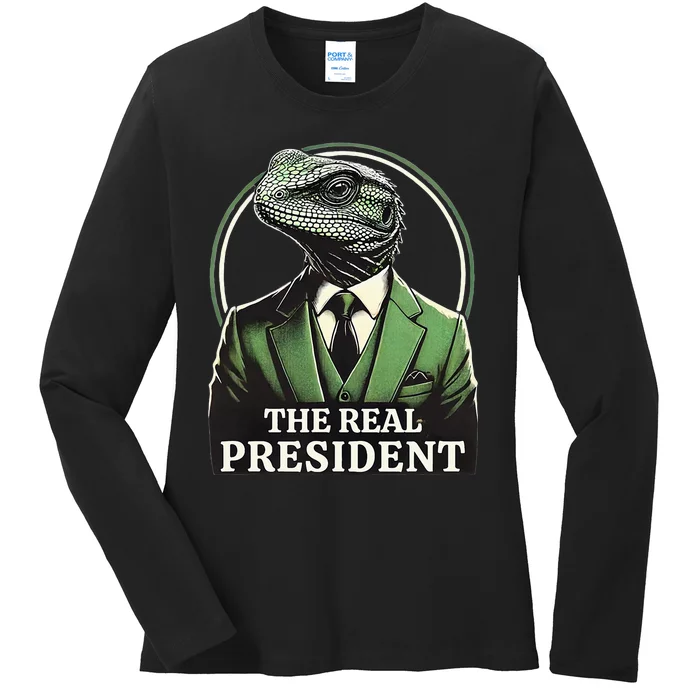 The Real President Political Humor Lizard People Ladies Long Sleeve Shirt