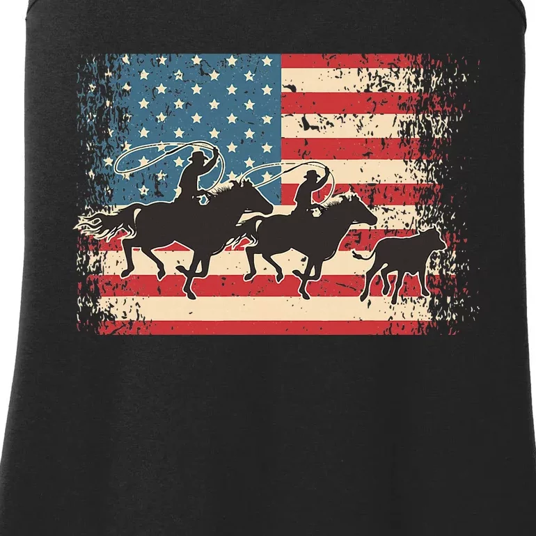 Team Roping Rodeo Horse American Usa Flag Rodeo Cowboy Ladies Essential Tank