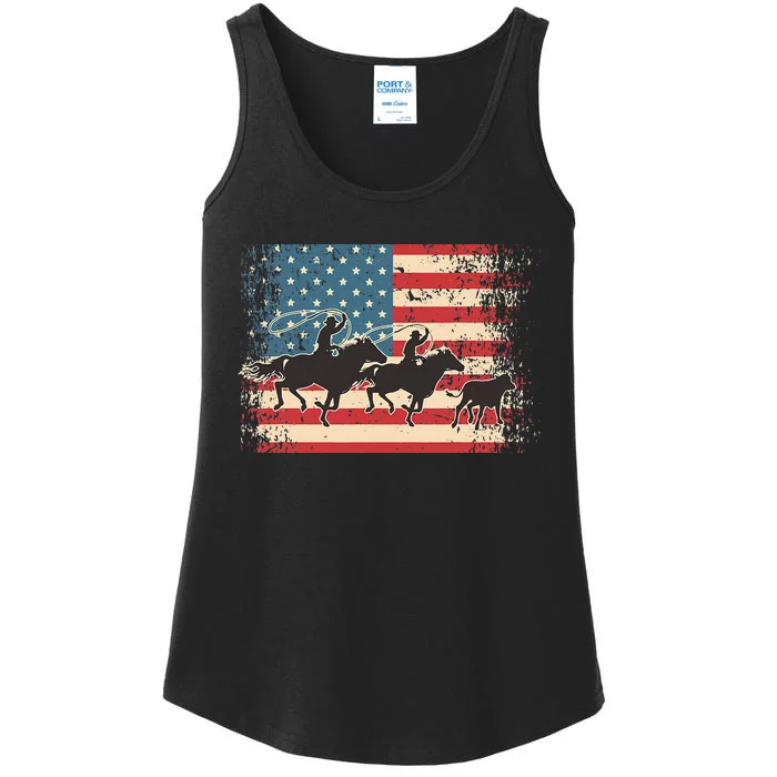 Team Roping Rodeo Horse American Usa Flag Rodeo Cowboy Ladies Essential Tank