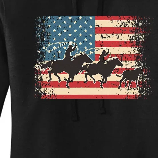 Team Roping Rodeo Horse American Usa Flag Rodeo Cowboy Women's Pullover Hoodie