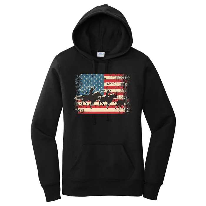 Team Roping Rodeo Horse American Usa Flag Rodeo Cowboy Women's Pullover Hoodie