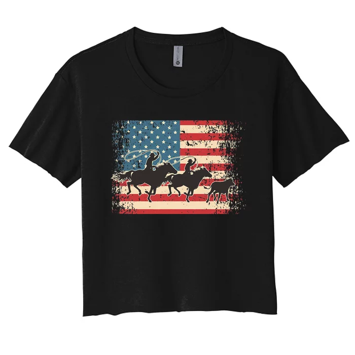 Team Roping Rodeo Horse American Usa Flag Rodeo Cowboy Women's Crop Top Tee