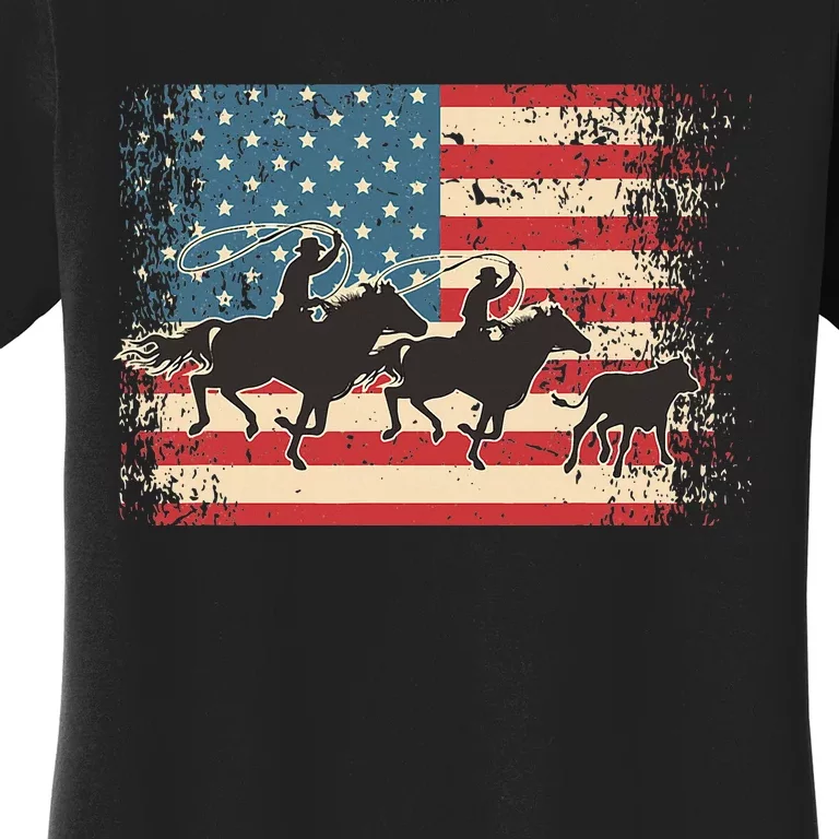 Team Roping Rodeo Horse American Usa Flag Rodeo Cowboy Women's T-Shirt