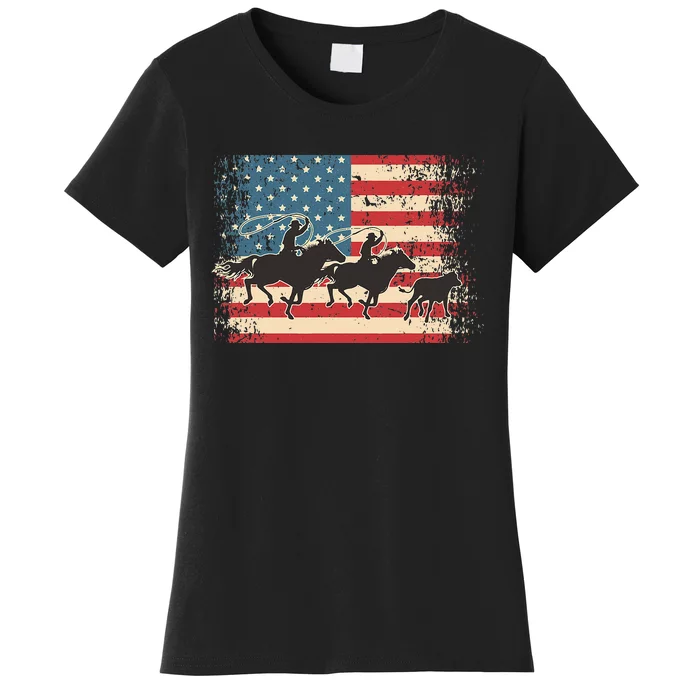 Team Roping Rodeo Horse American Usa Flag Rodeo Cowboy Women's T-Shirt