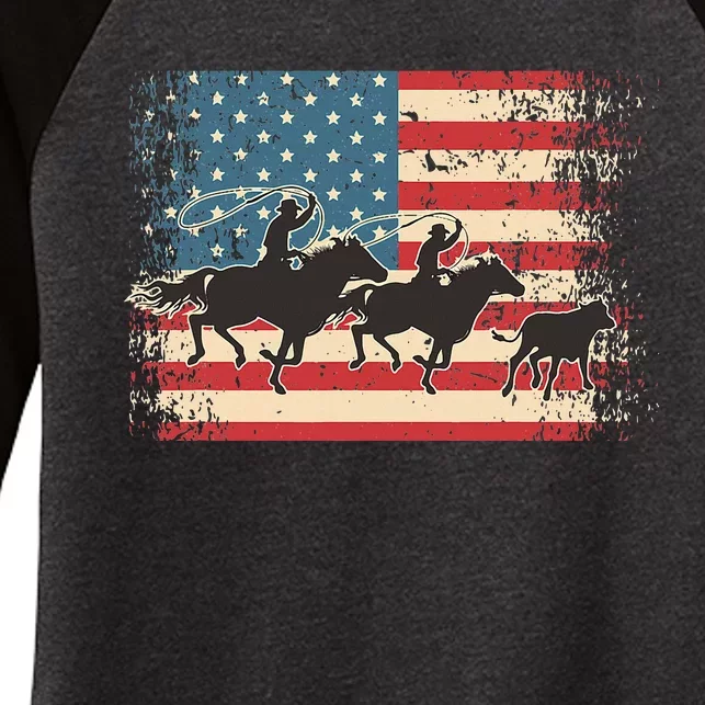 Team Roping Rodeo Horse American Usa Flag Rodeo Cowboy Women's Tri-Blend 3/4-Sleeve Raglan Shirt