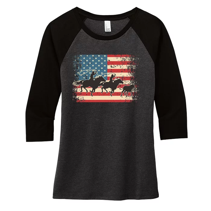 Team Roping Rodeo Horse American Usa Flag Rodeo Cowboy Women's Tri-Blend 3/4-Sleeve Raglan Shirt