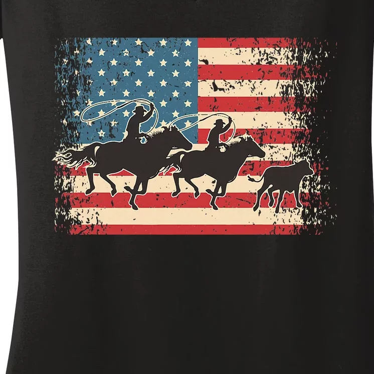 Team Roping Rodeo Horse American Usa Flag Rodeo Cowboy Women's V-Neck T-Shirt