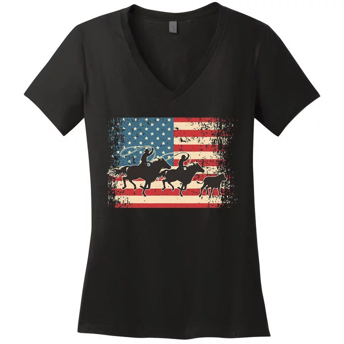 Team Roping Rodeo Horse American Usa Flag Rodeo Cowboy Women's V-Neck T-Shirt