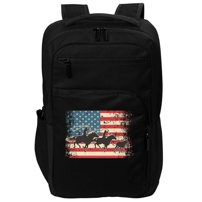 Team Roping Rodeo Horse American Usa Flag Rodeo Cowboy Impact Tech Backpack