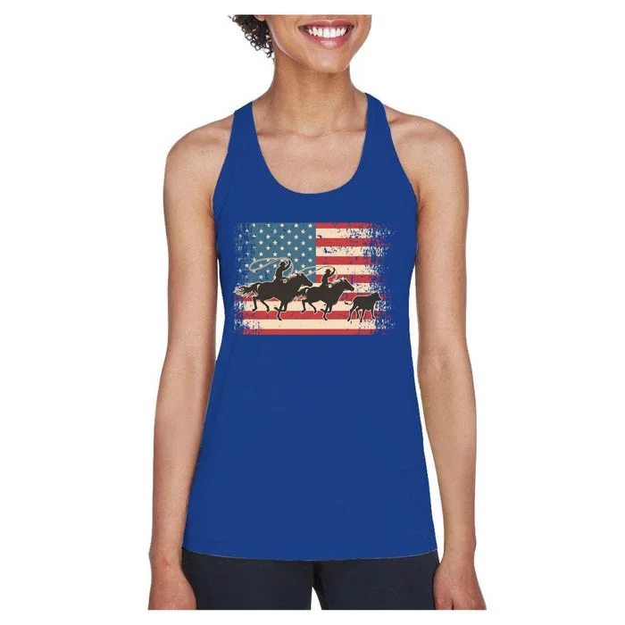 Team Roping Rodeo Horse American Usa Flag Rodeo Cowboy Women's Racerback Tank