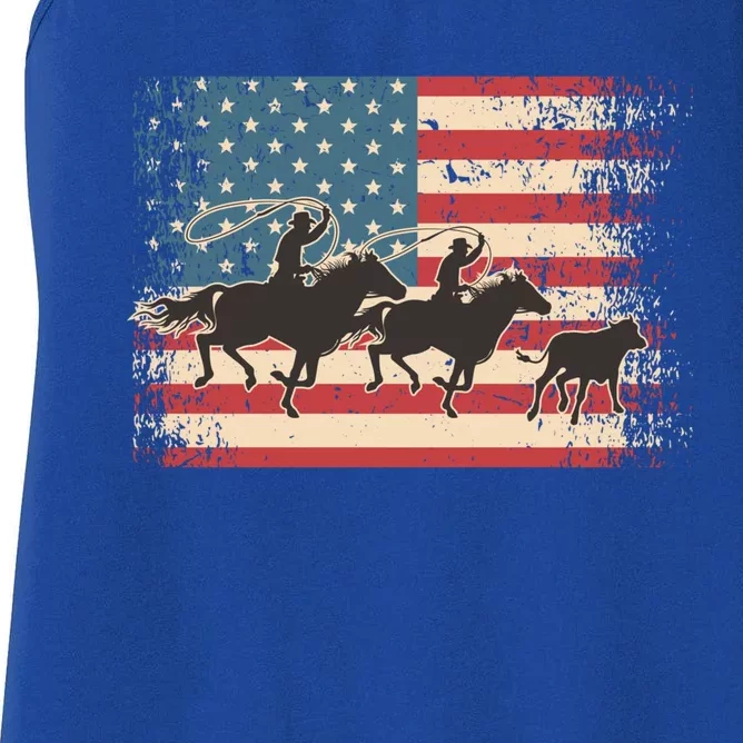 Team Roping Rodeo Horse American Usa Flag Rodeo Cowboy Women's Racerback Tank