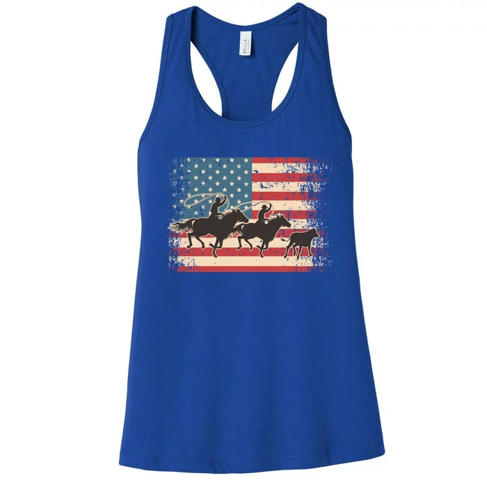 Team Roping Rodeo Horse American Usa Flag Rodeo Cowboy Women's Racerback Tank