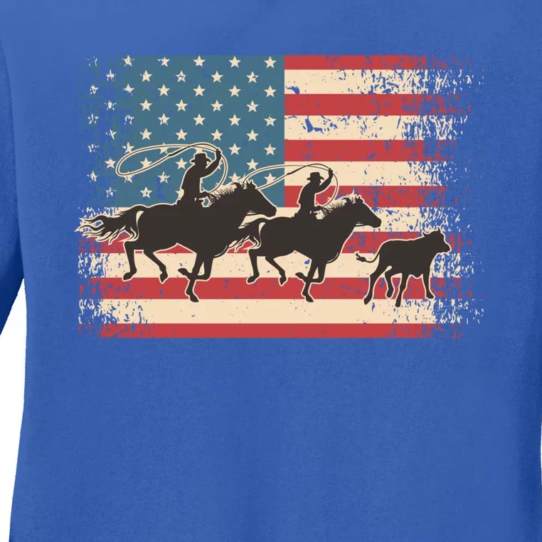 Team Roping Rodeo Horse American Usa Flag Rodeo Cowboy Ladies Long Sleeve Shirt