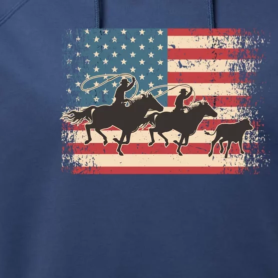 Team Roping Rodeo Horse American Usa Flag Rodeo Cowboy Performance Fleece Hoodie